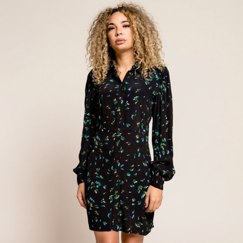 GANNI Printed Floral Crepe Shirt Dress, Black Multi, 34